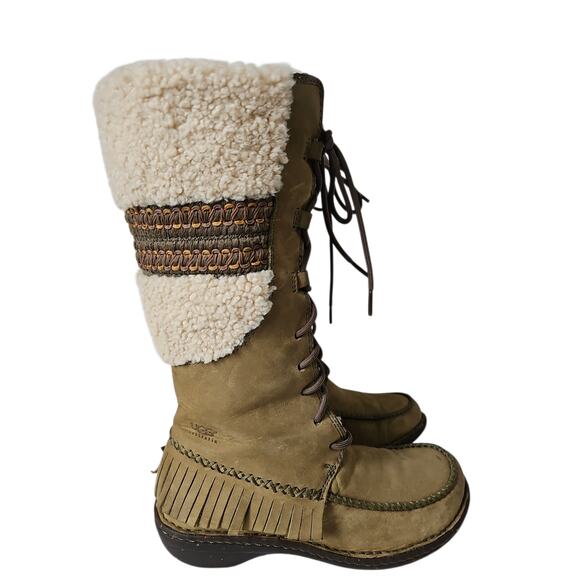 UGG Shoreline Shearling Sheepskin Leather Fringe Tall Boots Womens 7 Olive Green - Picture 2 of 15